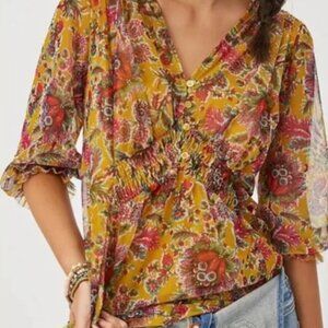 Anthropologie Mustard Yellow Gretchen Floral Print Sheer Mesh Top Size M